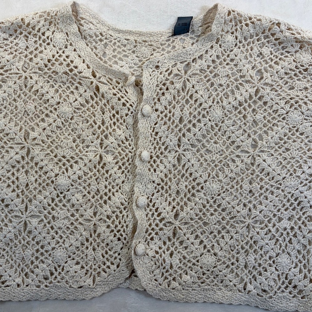 Vintage Cream Silk Cotton Crochet Cropped Cardigan Sweater Women Large Excellent